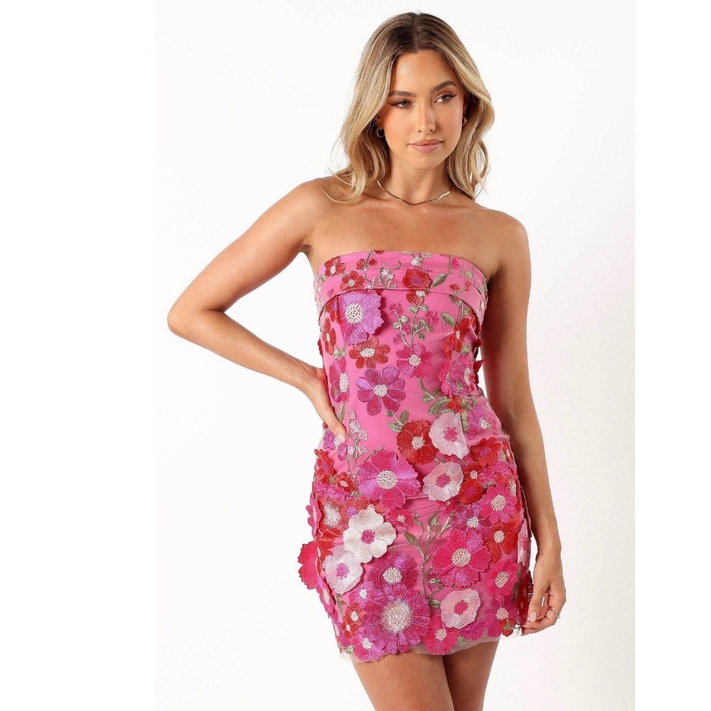 Petal and Pup Hot Pink Floral Embroidered Strapless Mini Dress  XS